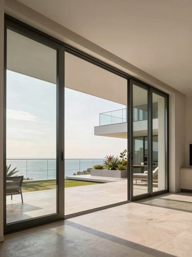 Luxury penthouse with floor-to-ceiling glass bifold doors open to a terrace at golden hour, architectural photography