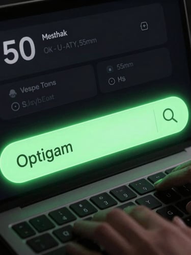 Sleek tech photography, dark mode UI mockup of Optimag search bar with neon green glow, hands on keyboard, sharp focus, 50mm