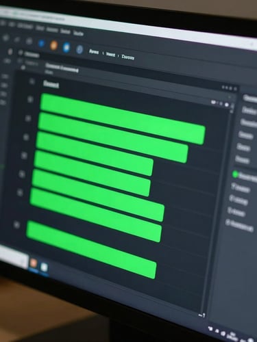 Macro shot of a modern workspace screen showing an image compression workflow with neon green progress bars and high-contrast digital glow