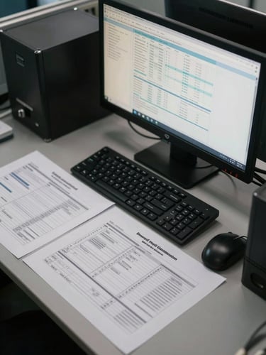 Close overhead shot of a government enterprise workstation, printed workflow diagrams spread across the desk alongside an active analytics dashboard on a large monitor, institutional fluorescent lighting, charcoal and slate tones, no people visible