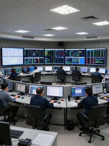 Wide-angle view of a government operations control room, multiple data dashboard monitors active on curved desks, overhead fluorescent-balanced lighting, operators at workstations seen from behind, no faces visible, institutional gray surfaces