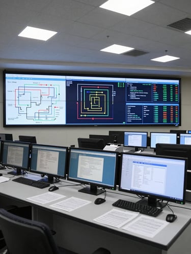 Wide shot of a government operations control room, multiple large data dashboard screens mounted on the far wall displaying workflow diagrams and system status indicators, a workstation in the foreground with documents and interface panels under even fluorescent-balanced overhead lighting, no people visible, institutional and precise