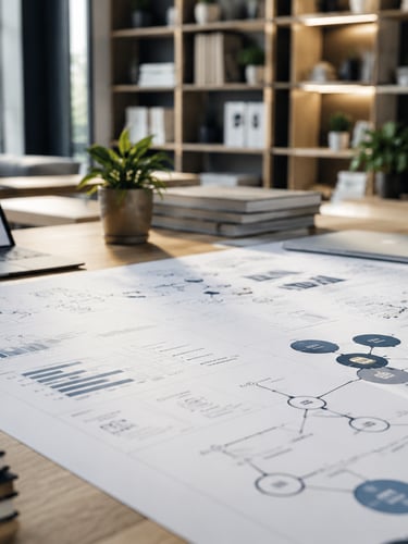Documentos de planificación y análisis sobre una mesa de trabajo empresarial