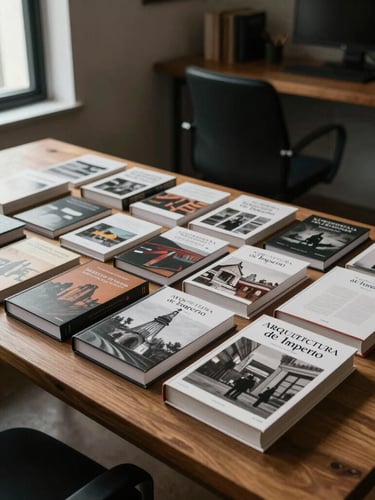 Wide panoramic shot of the complete 'Arquitectura de Imperio' book collection arranged neatly on a solid oak desk, soft natural window light from the left, deep shadows, professional workspace background.