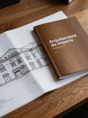 Tight, high-contrast side-lit architectural blueprint on a solid oak desk, next to a structured corporate manual from the Arquitectura de Imperio collection, warm bronze tones, professional atmosphere.