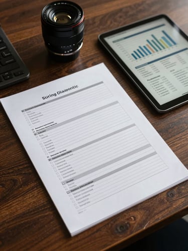 Tight overhead shot of a physical printed business diagnostic worksheet on a dark oak desk, a sleek tablet showing clean financial analytics charts to the side, natural high-contrast side-lighting, professional workspace environment.