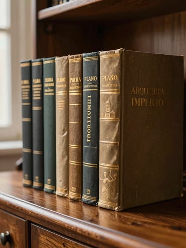 Plano medio de la colección de libros de tapa dura Arquitectura de Imperio ordenados sobre un escritorio de madera noble, luz natural filtrada desde el lateral izquierdo, enfoque nítido en las texturas del papel y el relieve bronce.