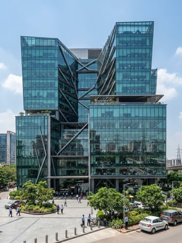 Wide-angle architectural exterior of a modern commercial glass office building in Gurgaon, bright natural daylight, clean realistic colors, sharp focus, 35mm perspective.