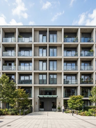 Straight-on eye-level architectural perspective of a modern apartment building exterior, sharp concrete lines, bright natural daylight, clean realistic colors.
