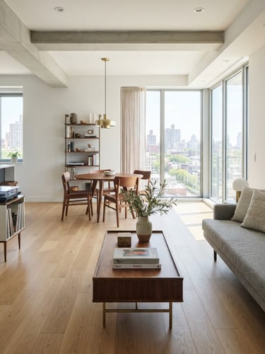 Crisp architectural photography of a modern residential apartment interior, bright natural daylight, clean realistic colors, straight-on eye-level perspective