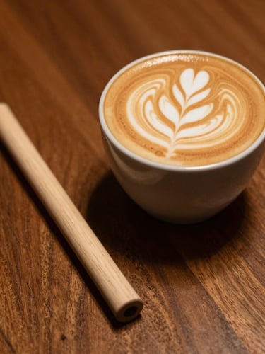 Overhead shot of warm latte art next to billiard chalk on a rich teak wood table, soft ambient indoor lighting, editorial 35mm photography