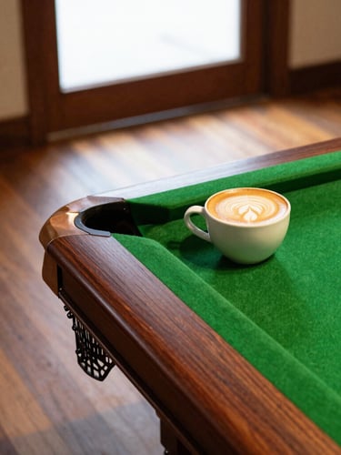Overhead shot of a pristine billiard table corner with green felt, next to a ceramic cup of flat white with latte art on a rich teak wood table, warm natural window light