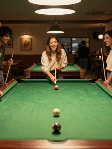 A group of friends laughing around a brightly lit, clean billiard table with fresh green felt, warm interior lighting, cozy cafe background, 35mm