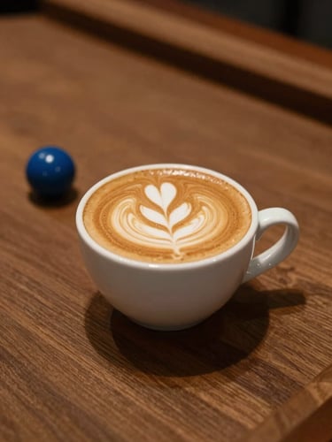 Overhead shot of a glossy white ceramic cup with latte art sitting on a rich teak wood table next to a blue billiard chalk, soft warm lighting, shallow depth of field