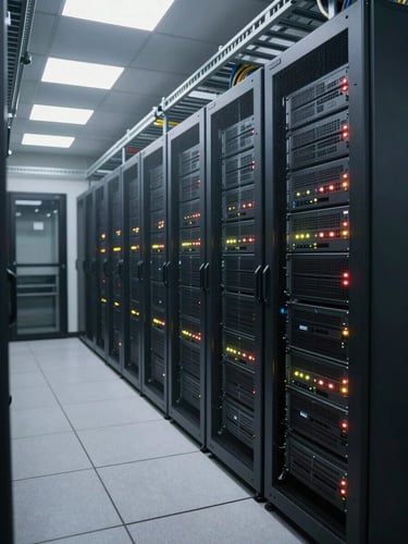 Wide shot of a municipal server room interior, rows of rack-mounted equipment with blinking status LEDs, overhead fluorescent lighting, cable trays running along the ceiling, no operators present — clinical, operational, no lifestyle elements