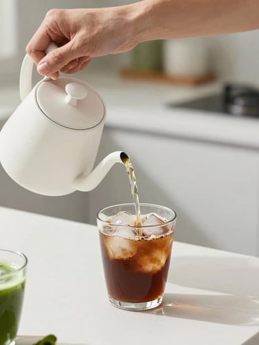 Bright high-key photography of hands pouring hot water from a minimalist white kettle into a glass of iced coffee, natural morning daylight, clean kitchen counter, vibrant green matcha accents, sharp focus, 35mm