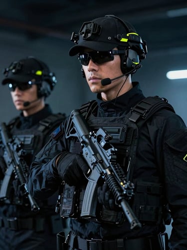 Professional security personnel in modern dark tactical uniform with earpiece, low-key cinematic lighting with cyber-lime accents, sharp contrast, 35mm lens