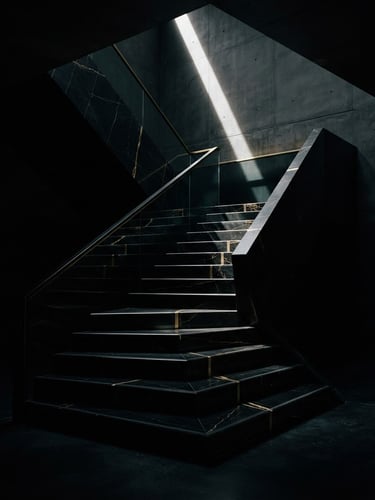 Low-key architectural photography of a monolithic black marble staircase, sharp geometric angles, dramatic light shaft, 35mm