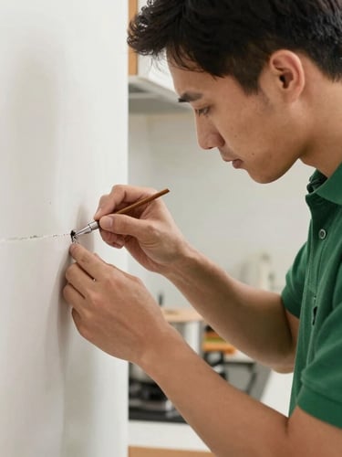 Close-up of a professional technician in a green polo shirt carefully sealing a small crevice in a kitchen wall, clean domestic setting.