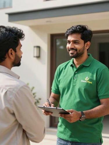 A friendly certified technician in a branded green polo shirt greeting a homeowner at the doorstep of a modern apartment in Hyderabad, bright natural light.