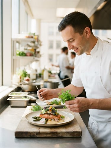 A bright modern commercial kitchen with a chef in clean white uniform placing fresh herbs on a plate, warm natural window light, shallow depth of field