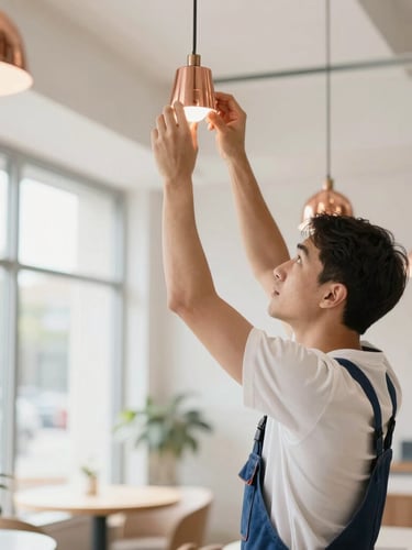 A professional builder in a modern, sunlit café interior adjusting the copper lighting fixtures, shallow depth of field, 35mm lens, bright daylight, clean colors.