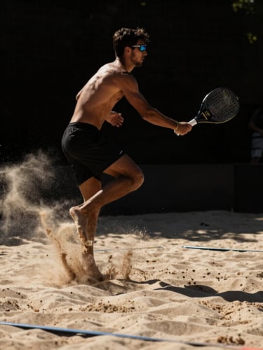 Dramatic low-angle action shot of a beach tennis player mid-air smash, sand spraying from the court, harsh midday sun, deep contrast, 85mm, warm beige and black tones.