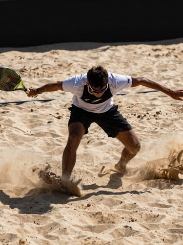 Dramatic sports photography, low-angle shot of a beach tennis player executing a powerful mid-air smash, sand spraying from the court, harsh midday sun casting deep shadows, warm beige sand tones, 85mm