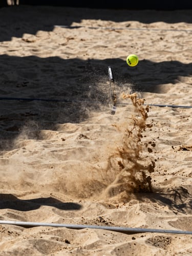 Action shot of a beach tennis player smashing a ball mid-air, sand exploding from the court, harsh midday sun, dramatic shadows, warm sand tones, high contrast, 85mm