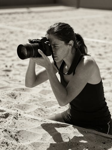 Dramatic black and white portrait of a female photographer holding a professional camera, low angle, sand court background with harsh sunlight and deep shadows, 85mm