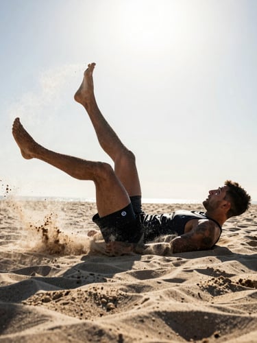 Dramatic low-angle sports photography of a footvolley player performing a shark attack against a bright sky, high-contrast sunlight, sand spraying, 85mm