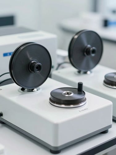 Close-up of professional air cassette testing equipment in a bright, clean, neutral daylight laboratory setting, 35mm