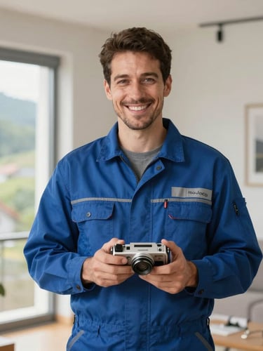 Retrato de medio cuerpo de un técnico electricista sonriente con uniforme limpio azul marino, sosteniendo un plano técnico en una vivienda moderna y luminosa de Asturias, luz natural suave de ventana.
