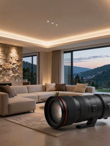 A bright modern living room in Asturias at dusk, warm recessed LED lighting highlighting stone architectural details, minimalist furniture, large windows looking out to soft evening light, shot with a high-end architectural lens.