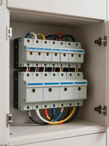 Primer plano de un cuadro eléctrico residencial moderno impecablemente ordenado, con cables peinados y etiquetados con precisión, iluminación clara.