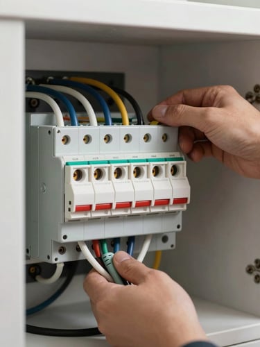 Primer plano de un cuadro eléctrico residencial moderno, cables perfectamente ordenados y peinados, interruptores magnetotérmicos etiquetados, iluminación limpia.