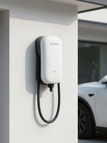Sleek white electric vehicle charger mounted on a clean, modern residential garage wall with natural daylight, a portion of a clean electric car visible on the right, high-end residential setting.