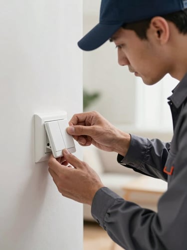 Close-up of a professional electrician in a clean uniform carefully installing a modern white light switch in a bright, minimalist living room.