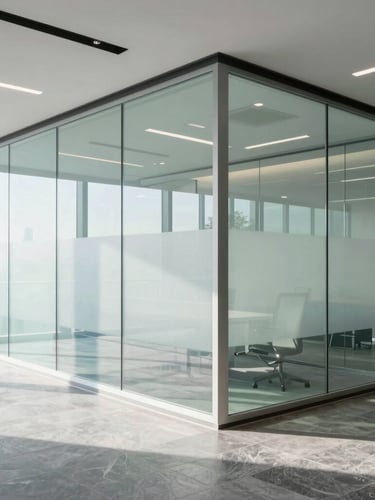 Bright modern corporate office interior with clean glass partitions, soft daylight, professional architectural aesthetic, cool slate tones