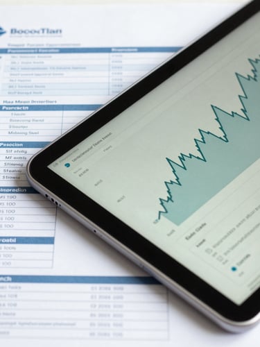 Macro shot of high-end tablet displaying clean financial charts and modern corporate tax documents, bright daylight, soft shadows, cool blue and sage green tones, 35mm