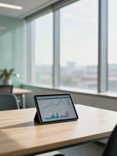 Bright modern office interior, a clean wooden desk with a tablet displaying financial charts, soft morning light filtering through large windows, 35mm photography