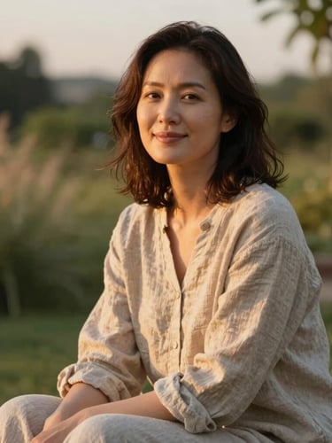 A warm, maternal woman in her late 30s with a gentle smile, wearing natural linen clothes, sitting in a soft-focus outdoor garden at golden hour, peaceful and welcoming lighting