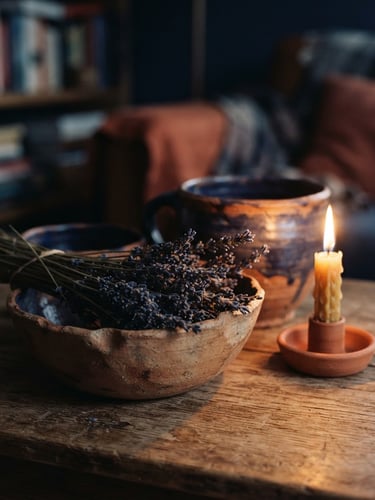 Soft-focus detail of warm candlelight casting a gentle glow on natural clay pottery and dried lavender, deep indigo shadows, warm gold highlights, cozy and safe maternal atmosphere, 35mm photography