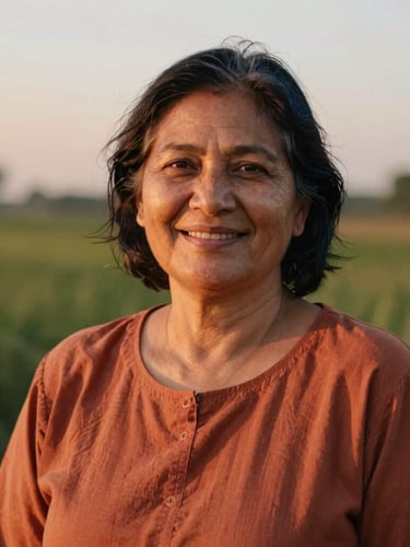 Warm portrait of a mature woman with a kind smile, earthy terracotta clothing, soft sunset light, natural green foliage background, soft focus
