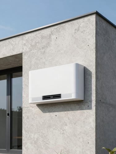 Architectural elevation of a modern concrete residence with a subtly integrated, flush-mounted indoor climate control unit, bright natural daylight, sharp focus, 35mm lens.