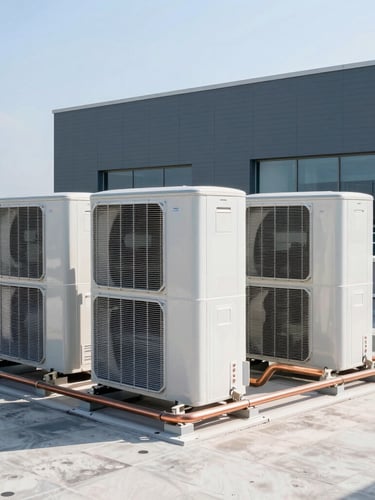 Sleek, organized VRF condenser banks on a bright modern commercial rooftop in Campinas, clean copper pipe runs, sharp focus architectural photography, 35mm lens