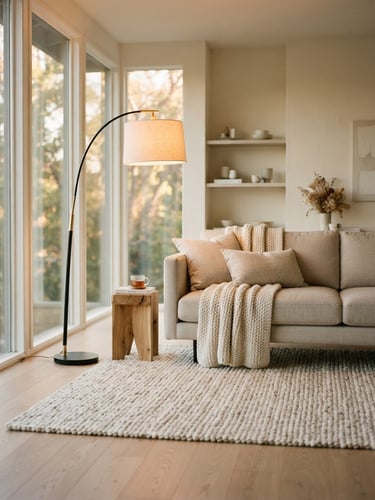Minimalist modern living room with a tall floor lamp casting warm light, a textured area rug, neutral tones, editorial 35mm photography