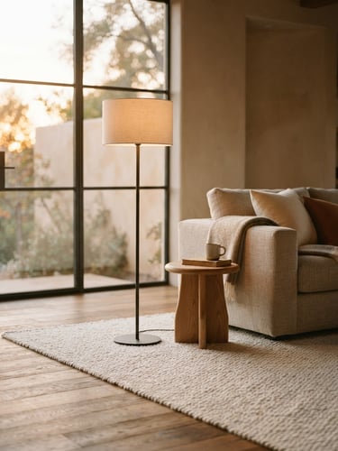 A warm-toned architectural interior with a minimalist floor lamp casting soft light on a textured boucle rug, golden hour window light, shallow depth of field, editorial 35mm photography