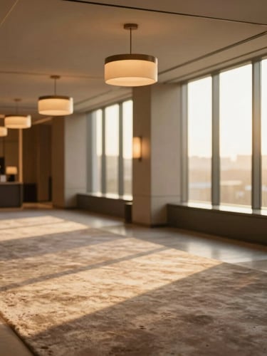 Warm editorial photography of a modern luxury hotel lobby, soft golden-hour window light, minimalist pendant lights illuminating warm taupe rugs, shallow depth of field, 35mm