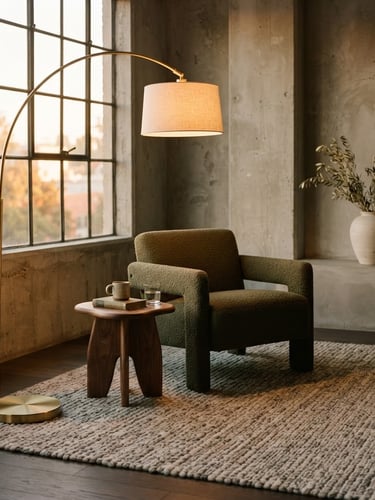 A warm-lit hospitality lounge with minimalist concrete walls, featuring a large textured area rug and a brushed brass floor lamp casting diffused golden-hour window light, editorial 35mm photography.